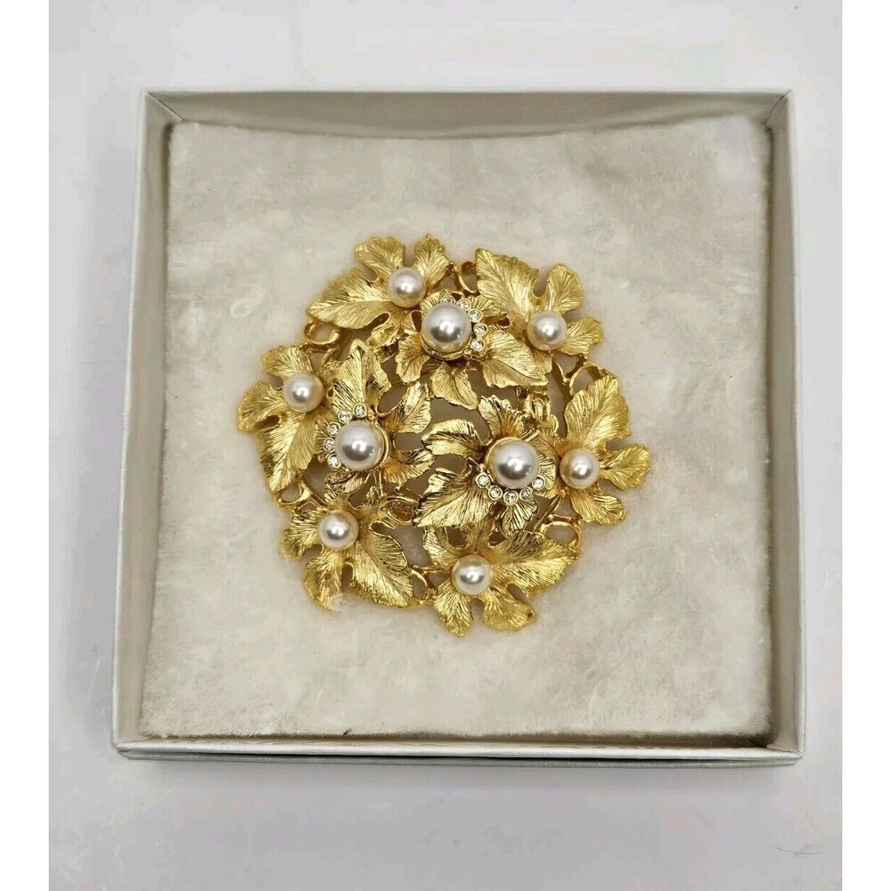 Vintage CRAFT Leaves Brooch Gold Tone Pin, Faux Pearl and Rhinestones, 1980s